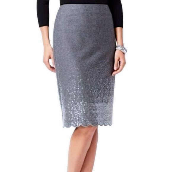 Talbots Wool Blend Sequined Pencil Skirt w/ Scallop Hem, Size 8, Gray/Silver NWT - Picture 1 of 8